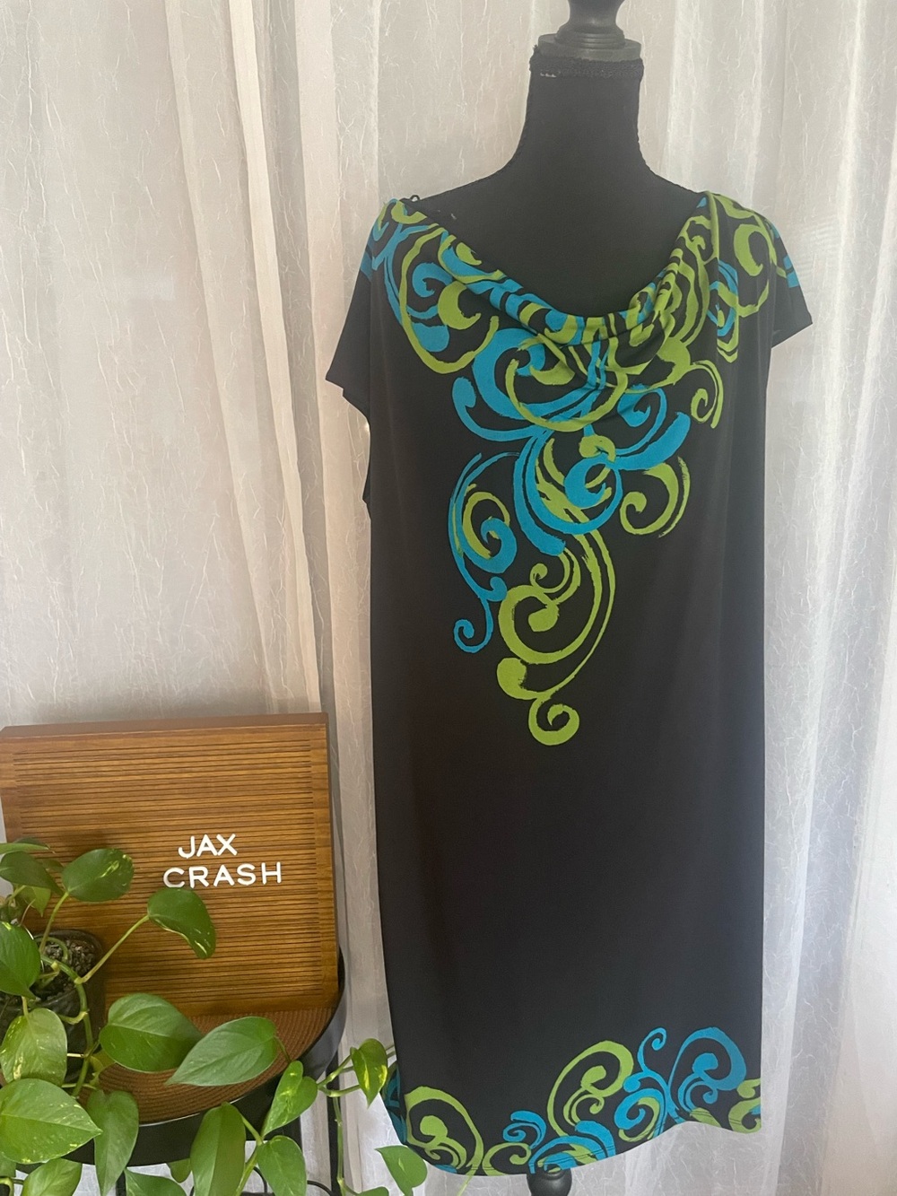 Women’s Black Dress Top with Blue & Green Scroll Print